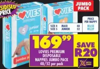 Shoprite Lovies Premium Disposable Nappies Jumbo Pack 48/52 per pack offer