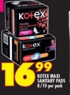Shoprite Kotex Maxi Sanitary Pads 8/10 per pack offer