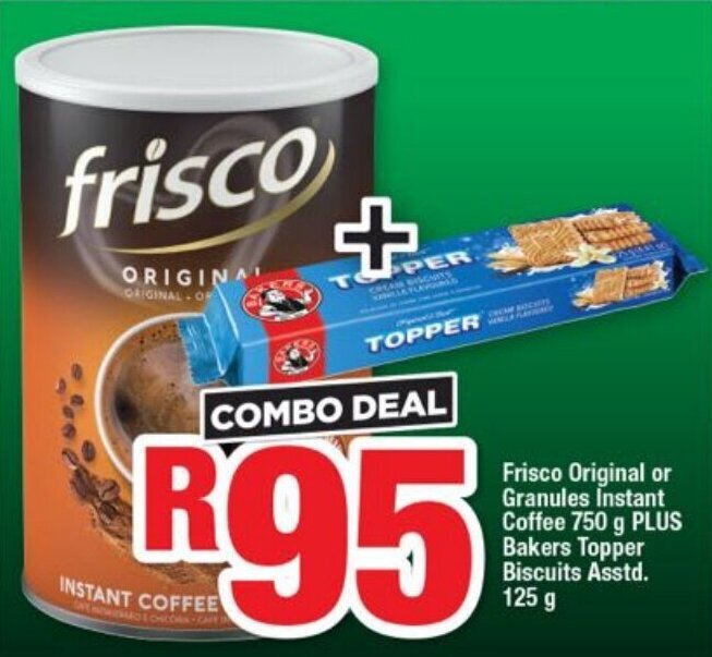 Frisco Original or Granules Instant Coffee 750 g Plus Bakers Topper Biscuits Asstd. 125 g offer