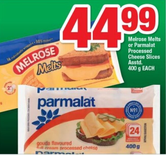Melrose Melts or Parmalat Processed Cheese Slices Asstd. 400g offer at