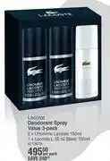 Dis-Chem Lacoste deodorant spray value 3 pack 2 x l'homme lacoste 150ml, 1 x lacoste l.12.12 blanc 150ml-per offer