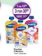 Dis-Chem Purity baby food pouches 6 months+ assorted-for 1 x 110ml offer