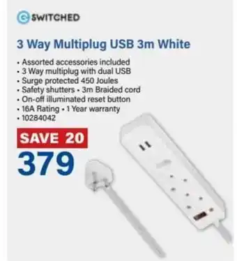 Incredible Connection Switched 3 Way Multiplug USB 3m White offer