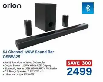Incredible Connection Orion 5.1 Channel 125W Sound Bar OSBW-25 offer