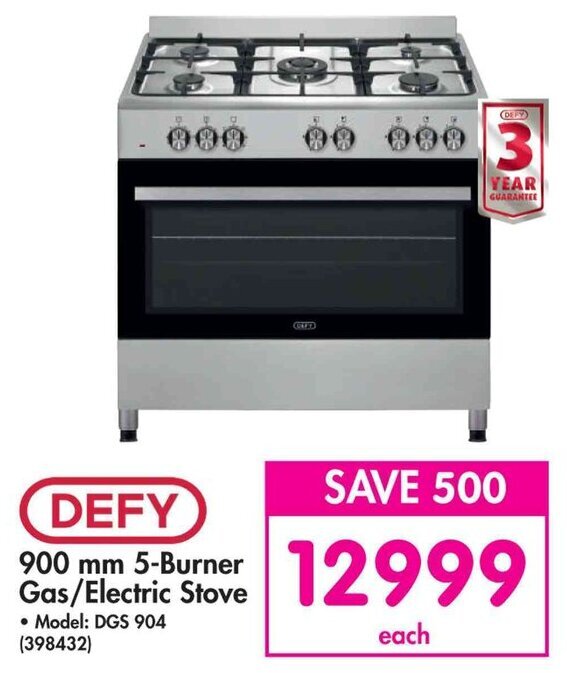 Defy 900mm 5Burner Gas/Electric Stove offer at Makro