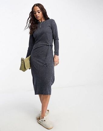 Asos Mango long sleeve tie side midi dress in grey offer
