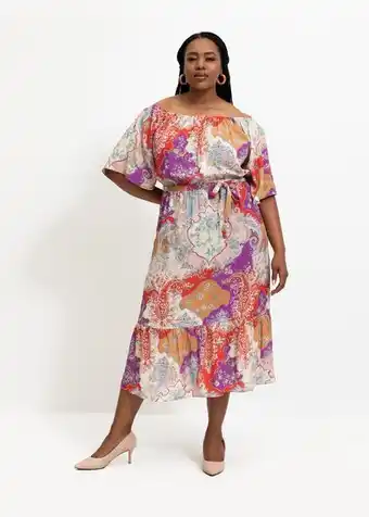 Belted print wide sleeve off shoulder midi dress