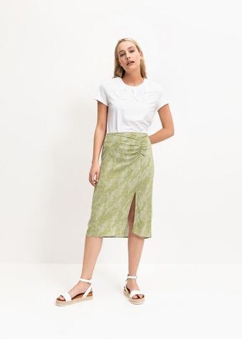 Ruche side slit midi pencil skirt