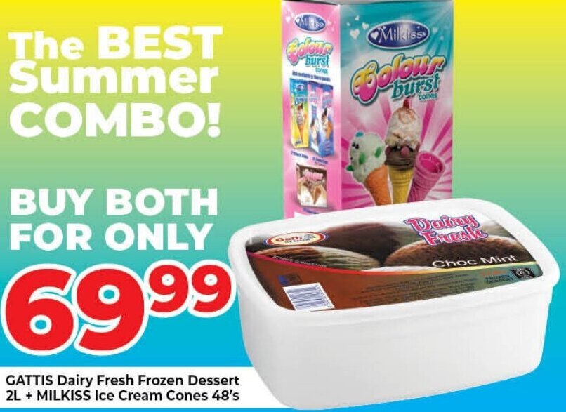 Gattis Dairy Fresh Frozen Dessert 2L+Milkiss Ice Cream Coned 48's offer at Elite Power Trade