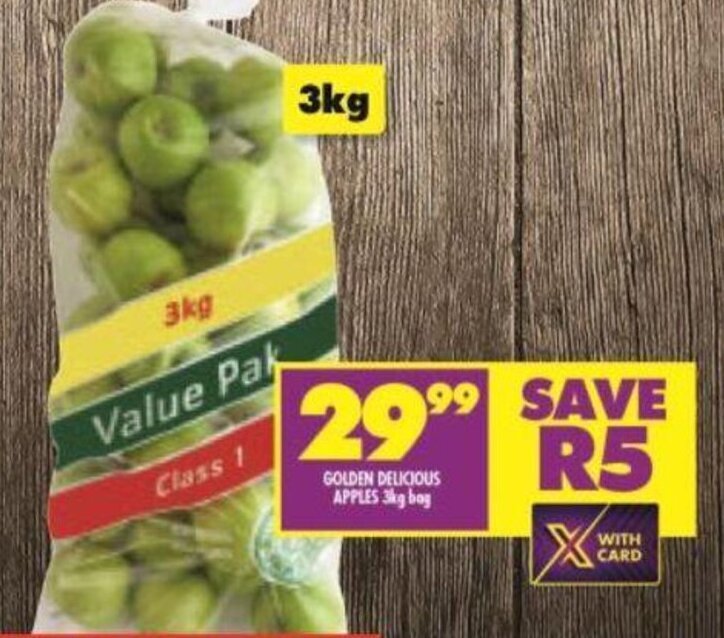 Golden Delicious Apples 3kg bag offer at Shoprite