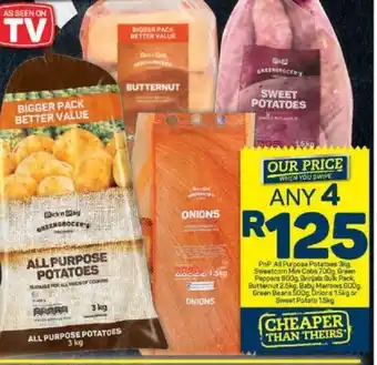 Pick n Pay PnP All Purpose Potatoes 3kg, Sweetcorn Mini Cobs 700g, Green Peppers 800g, Brinjals Bulk Pack, Butternut 2.5kg, Baby Marrows offer