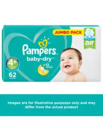 Pampers baby dry size 4+ jumbo pack 62 nappies