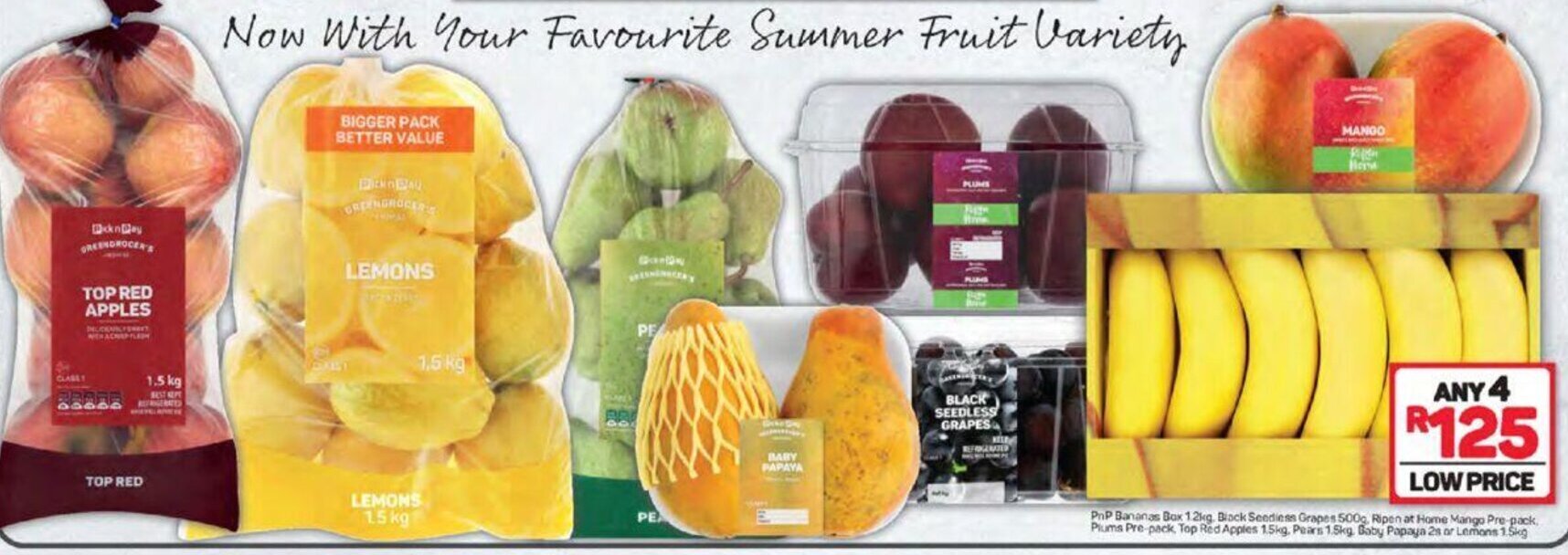 PnP Bananas Box 1.2kg, Black Seedless Grapes 500g, Ripen at Home Mango