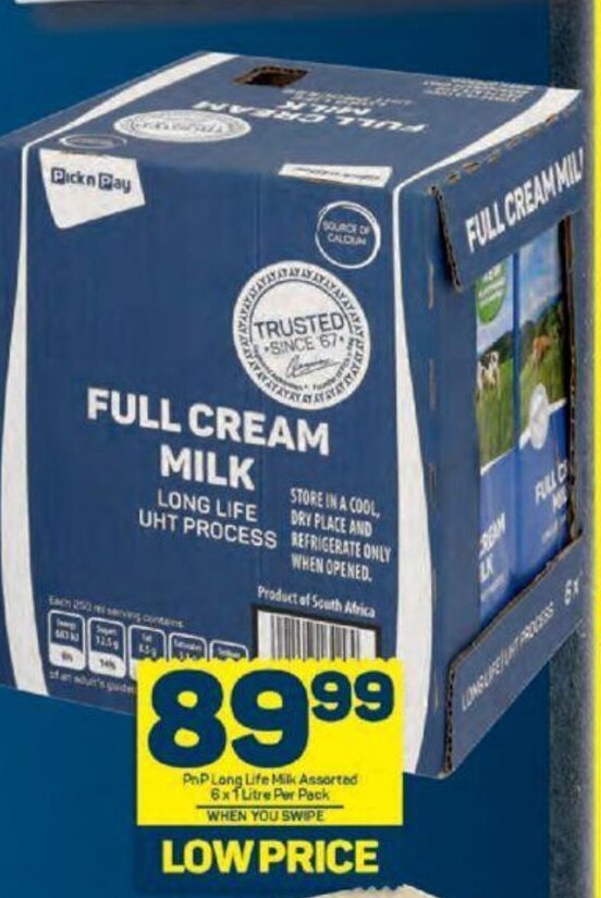 PnP Long Life Milk Assorted 6x1 Litre Per pack offer at Pick n Pay