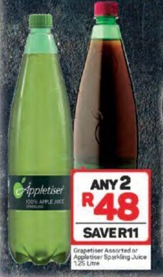 Pick n Pay Grapetiser Assorted or Appletiser Sparkling Juice 1.25 Litre offer