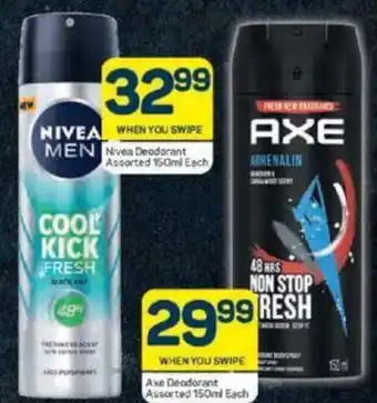 Pick n Pay Axe Deodorant 150 ml, Nivea Deodorant 15o ml offer
