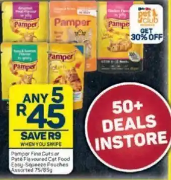 Pick n Pay Pamper Fine Cuts or Pate Flavoured Cat Food Easy-Squeeze Pouches Assorted 75/85g offer