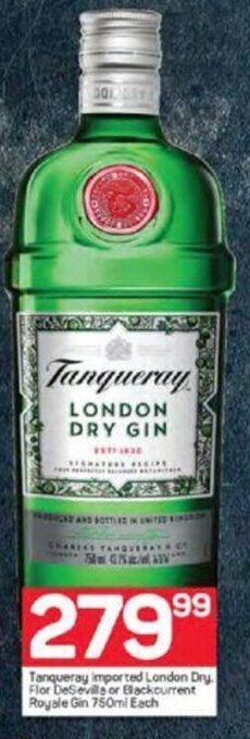 Tanqueray Imported London Dry, Flor DeSevilla or Blackcurrent Royale Gin 750ml each