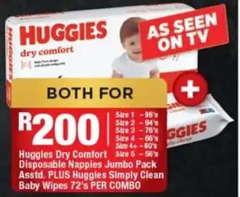 Huggies Dry Comfort Disposable Nappies Jumbo Pack Asstd. Plus Huggies Simply Clean Baby Wipes 72's per combo