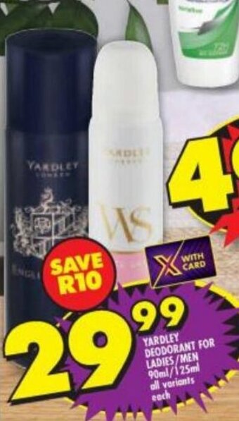 Shoprite Yardley Deodorant for Ladies/Men offer