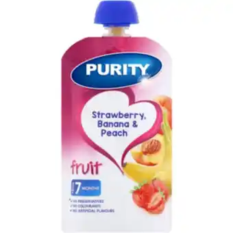 Shoprite Purity strawberry, banana & peach fruit puree 7 months+ 110ml offer