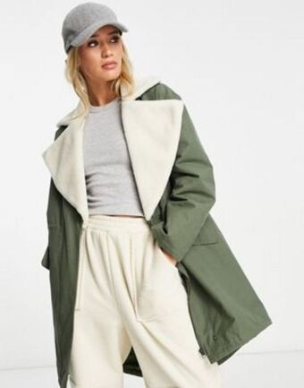 Asos Asos design quilt lined parka coat with borg collar in olive offer