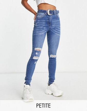 Parisian petite belted skinny jeans in mid blue