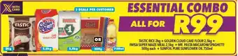Shoprite Tastic Rice 2kg+Golden Cloud Cake Flour 2,5kg+Iwisa Super Maize Meal 2,5kg + Mr. Pasta Macaroni/Spaghetti 500g each+Sunfoil offer