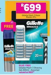 Game Gillette Mach 3 Razor Blades 20's + Free Gillette Mach 3 Shaving Gel 200ml (Assorted)-Per Pack offer