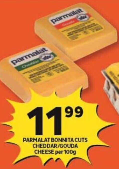 Parmalat Bonnita Cuts Cheddar/Gouda Cheese per 100g offer at Shoprite