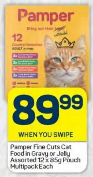 Pick n Pay Pamper Fine Cuts Cat Food in Gravy or Jelly Assorted 12x85g Pouch Multipack Each offer