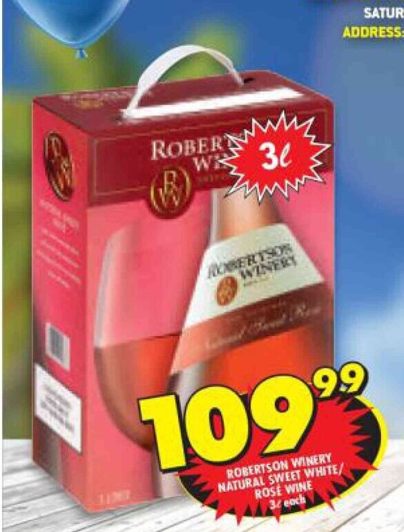 Robertson Winery Natural Sweet White/Rose Wine 3L offer at Shoprite Liquor