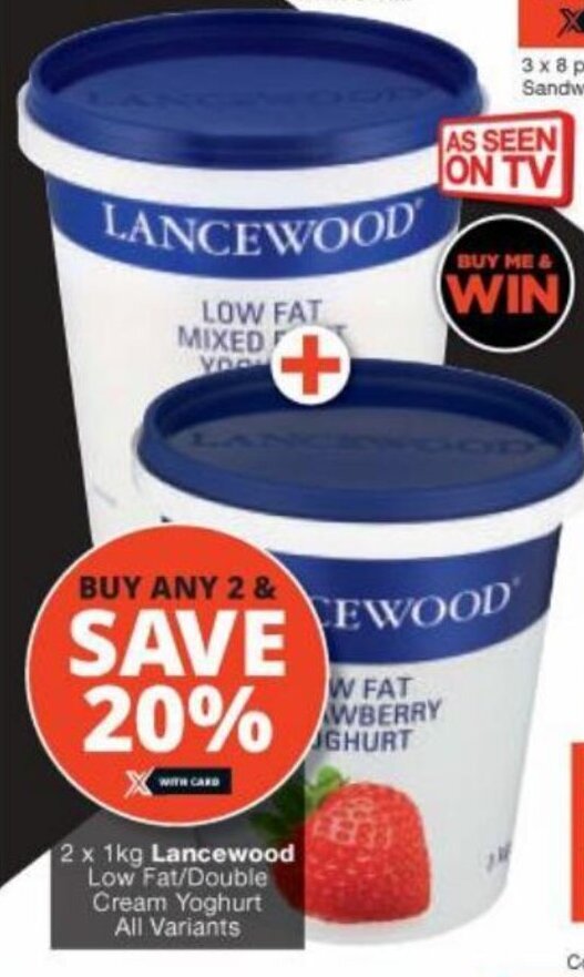 2x1 Kg Lancewood Low Fat/Double Cream Yoghurt all variants offer at