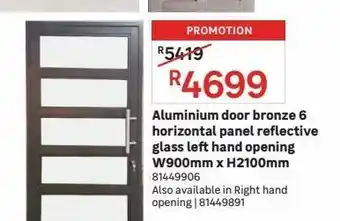 Leroy Merlin Aluminium door bronze 6horizontal panel reflective glass left hand opening w900mm x h2100mm offer