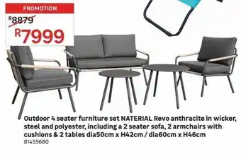 Leroy Merlin Outdoor 4 seater furniture set naterial revo anthracite in wicker, ateel and polyester, including a 2 seater sofa, 2 armchair offer