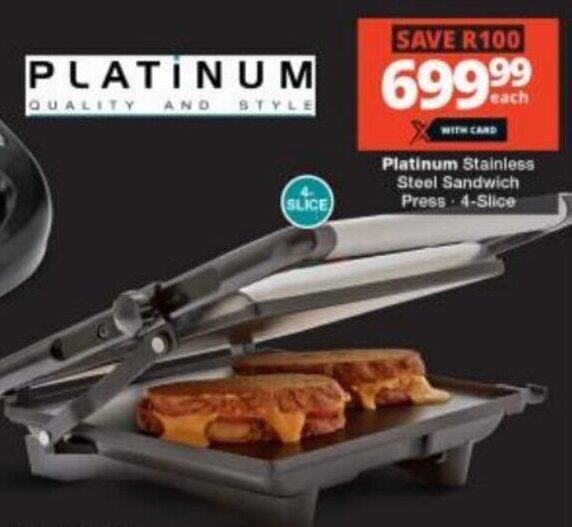 Platinum Stainless Steel Sandwich Press 4Slice offer at Checkers