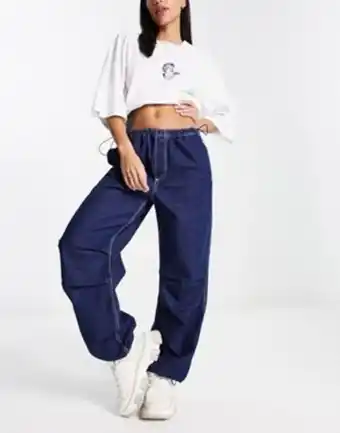 Asos Bershka denim parachute trousers in blue offer