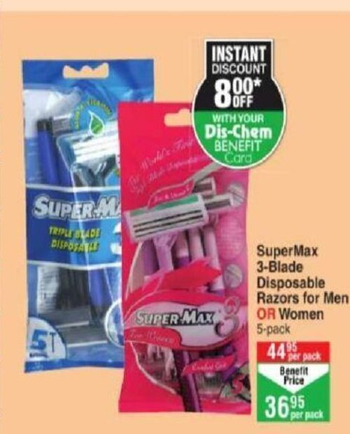 SuperMax 3Blade Disposable Razors for Men or Women offer at DisChem