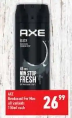 Shoprite Axe Deodorant For Men 150ml each offer