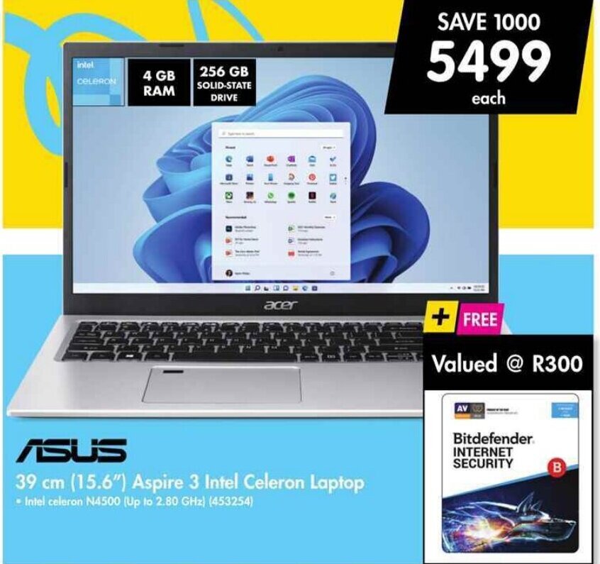 Asus 39cm (15.6") Aspire 3 Intel Celeron Laptop offer at Makro