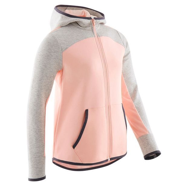 Kids' warm zipup hoodie 900 pink/light grey marl offer at Decathlon