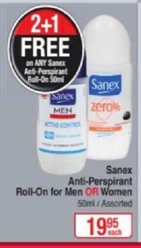 Dis-Chem Sanex Anti-Perspirant Roll-On for Men or Women 50ml offer