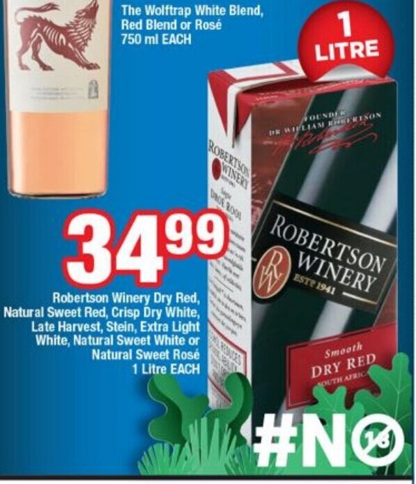 Robertson Winery Dry Red, Natural Sweet Red, Crisp Dry White, Late