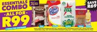 Shoprite Tastic Long Grain Parboiled Rice 2kg+Golden Cloud Cake Wheat Flour 2,5kg. + White Star Super Maize Meal 2,5kg.+ Mr. Pasta Mac offer