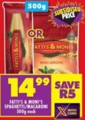 Shoprite Fatti's & Moni's Spaghetti/Macaroni 500g each offer