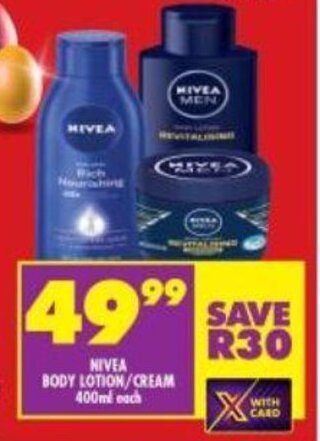 Shoprite Nivea Body Lotion/Cream 400ml each offer
