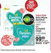 Dis-Chem Pampers baby wipes sensitive 4 x 56 or complete clean 4 x 64 value pack-per pack offer