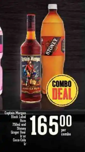 Spar Tops Captain Morgan Black Label Rum 750ml and Stoney Ginger Beer 1L or Coca Cola 1L offer