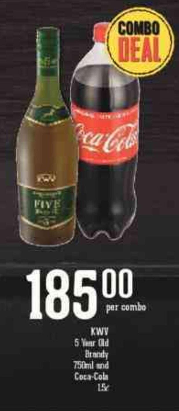 KWV 5 Year Old Brandy 750ml and CocaCola 1.5L offer at Spar Tops