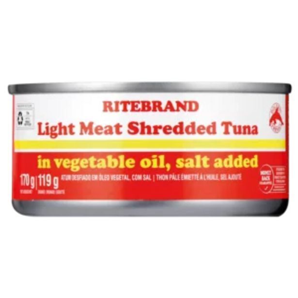 Ritebrand light meat shredded tuna in vegetable oil can 170g offer at